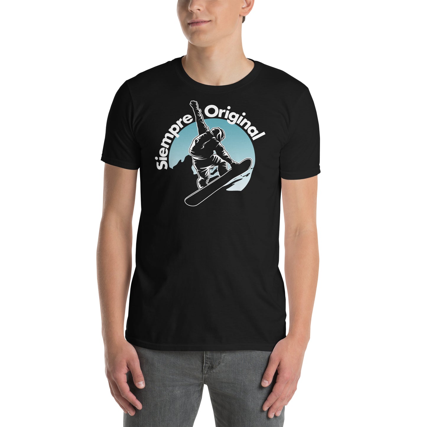 hombre con camiseta snowboard salto negra
