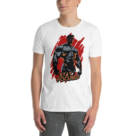 hombre con camiseta stay focused gym gimnasio fitness en color blanco