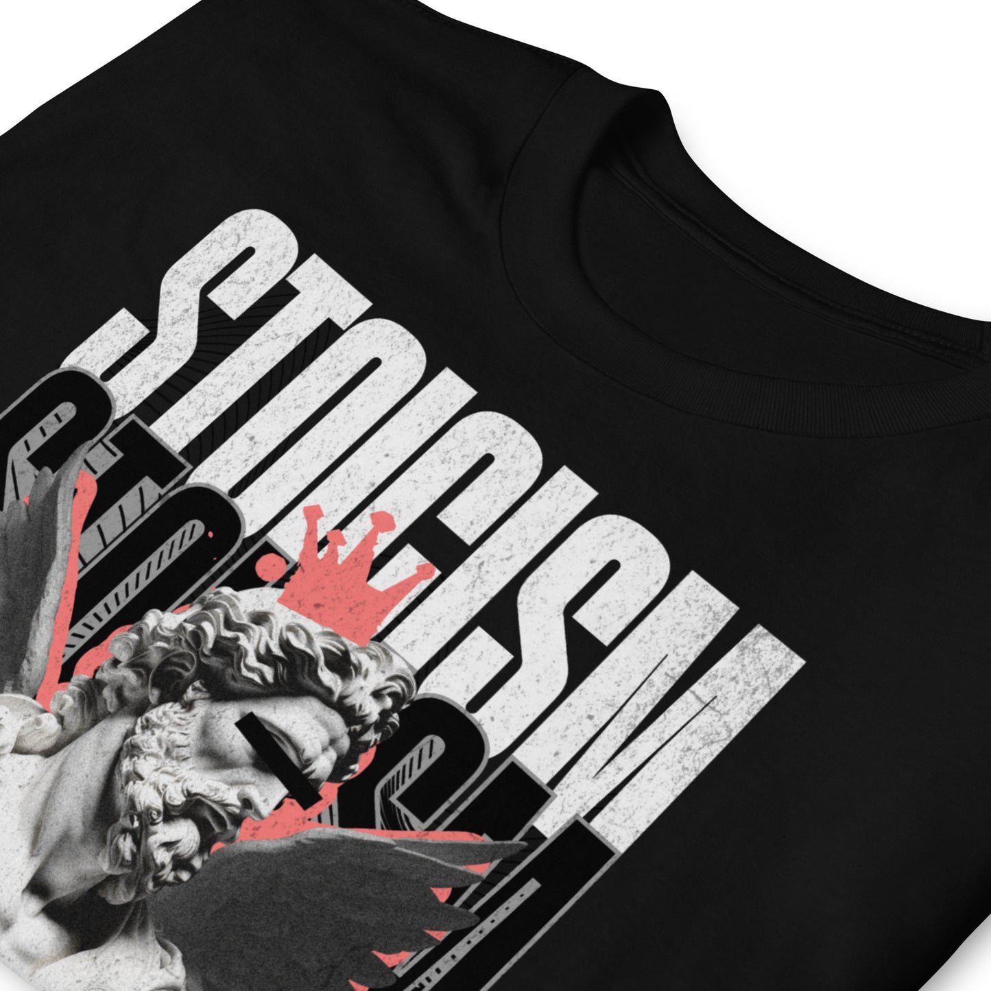detalle de camiseta stoicism angel siempre original urban en color negro