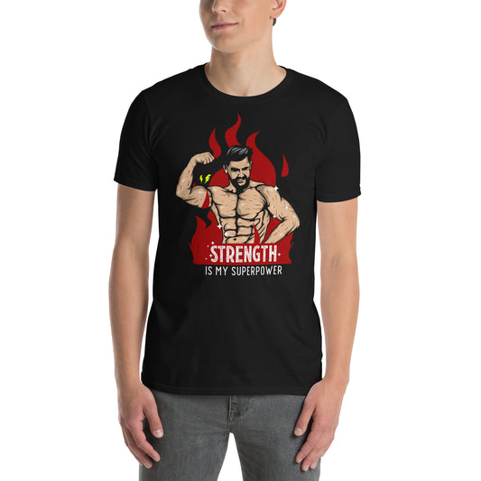 hombre con camiseta strength is my superpower gym gimnasio fitness en color negro