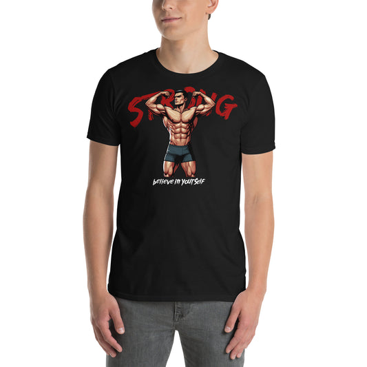 hombre con camiseta strong believe in yourself gym gimnasio fitness en color negro