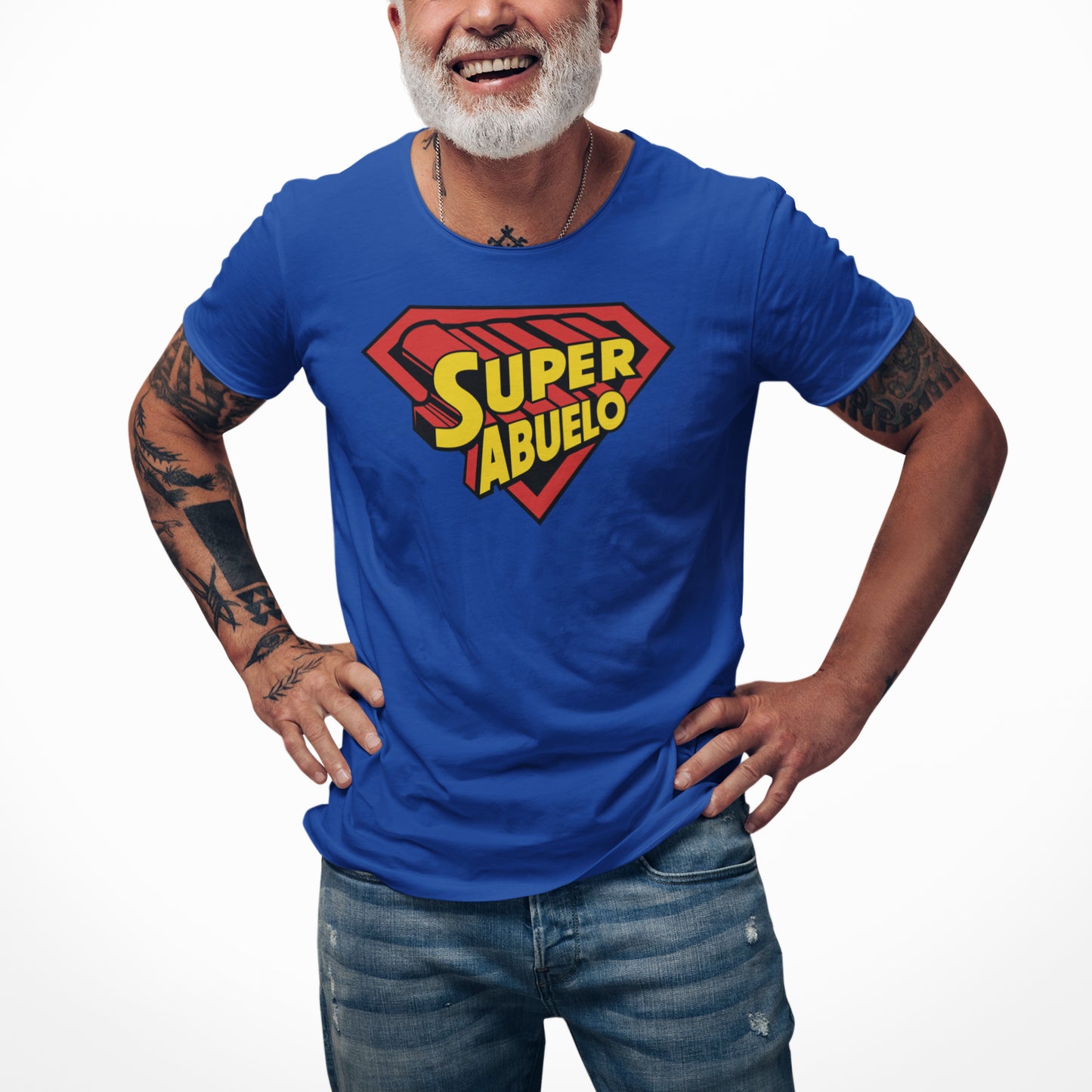 hombre con camiseta super abuelo azul royal