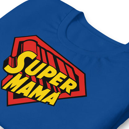detalle de camiseta super mama azul royal