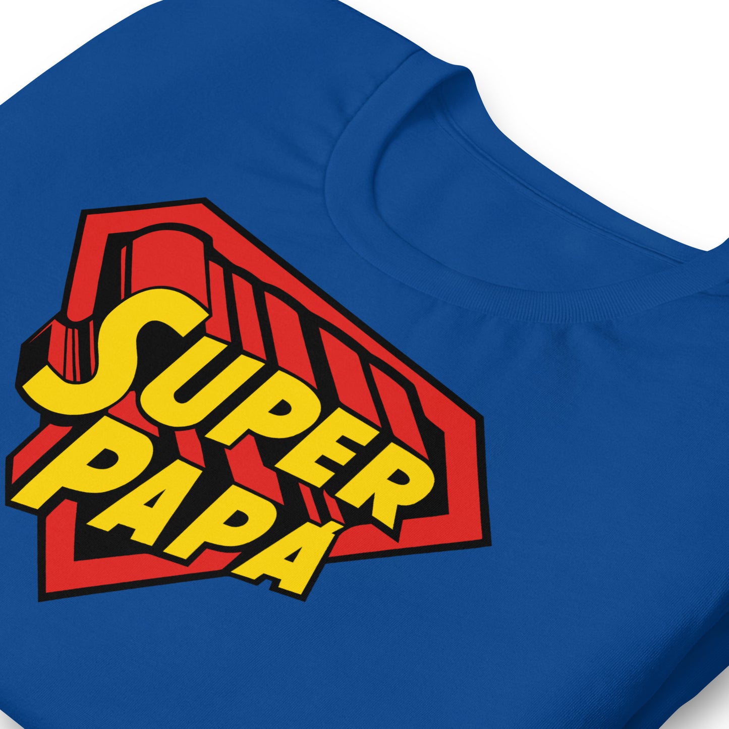 detalle de camiseta super papa azul royal