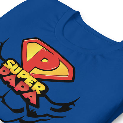 detalle de camiseta super papa heroe azul royal