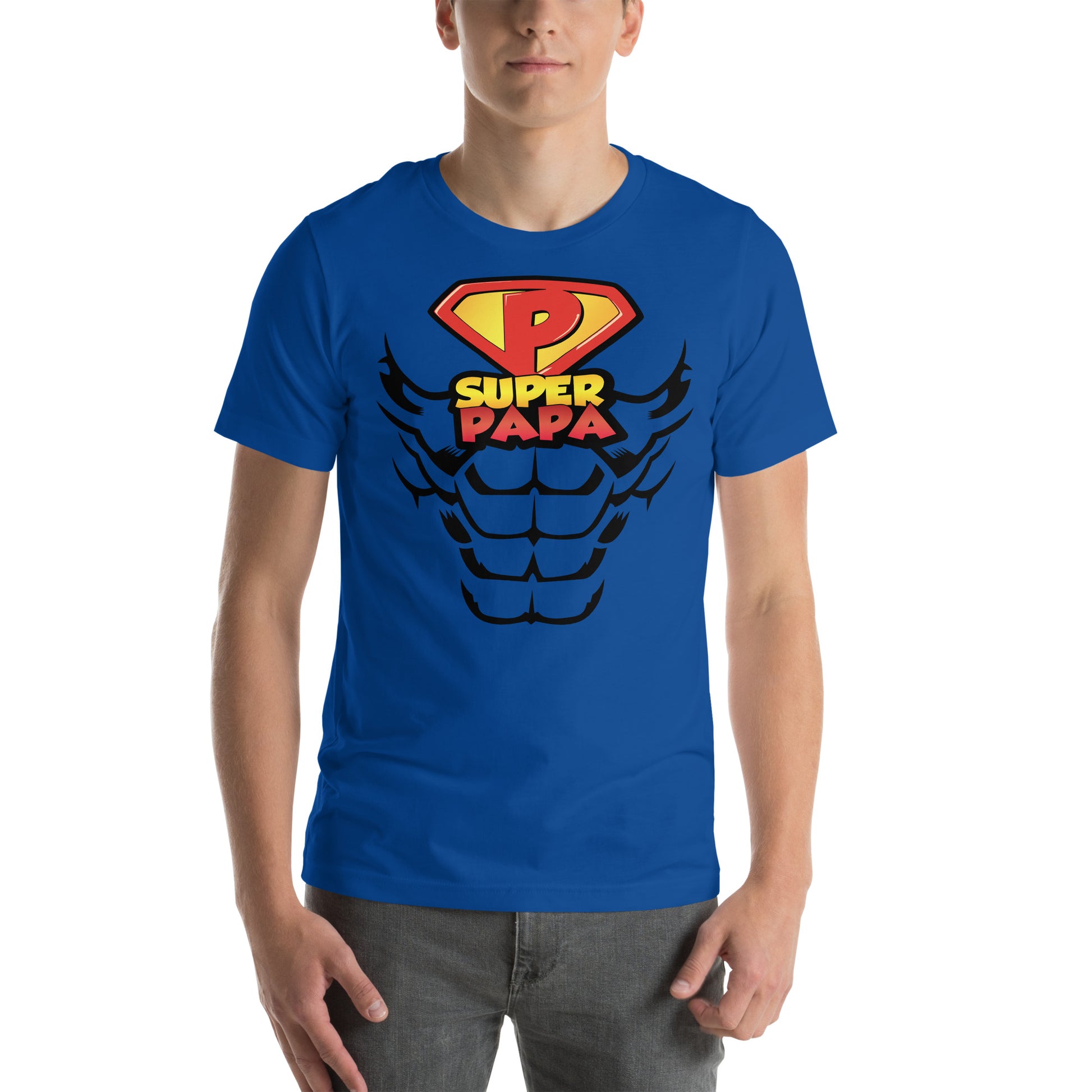 hombre con camiseta super papa heroe azul royal