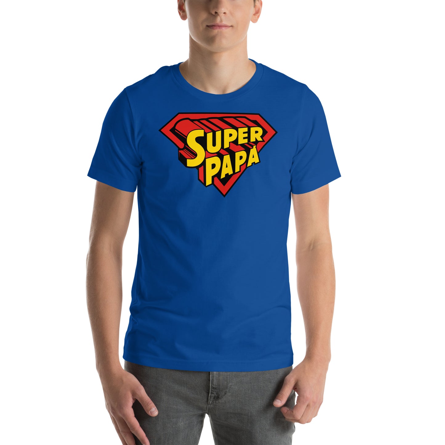 hombre con camiseta super papa azul royal
