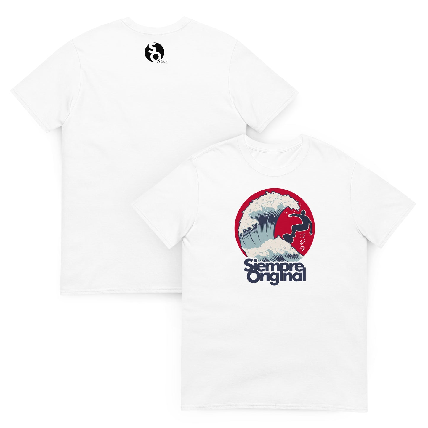 camiseta surf ola japonesa delante y detras blanca