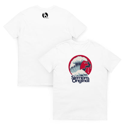 camiseta surf ola japonesa delante y detras blanca