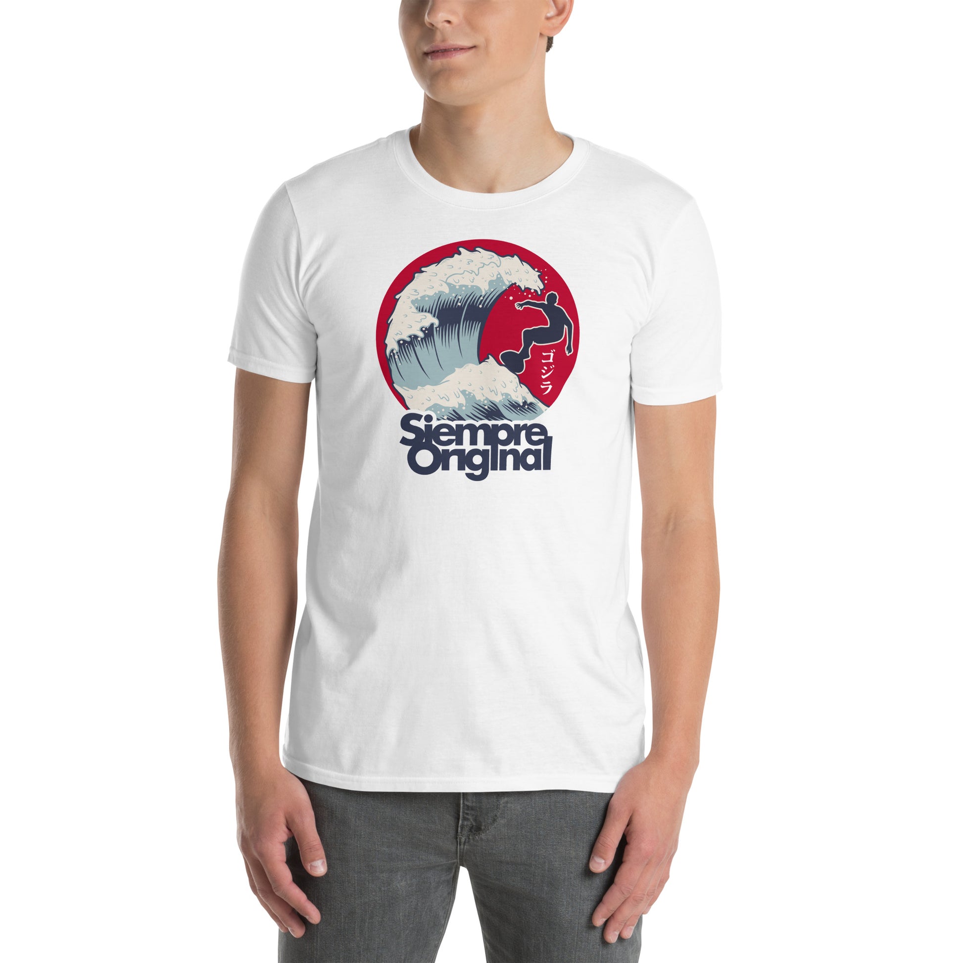 hombre con camiseta surf ola japonesa blanca