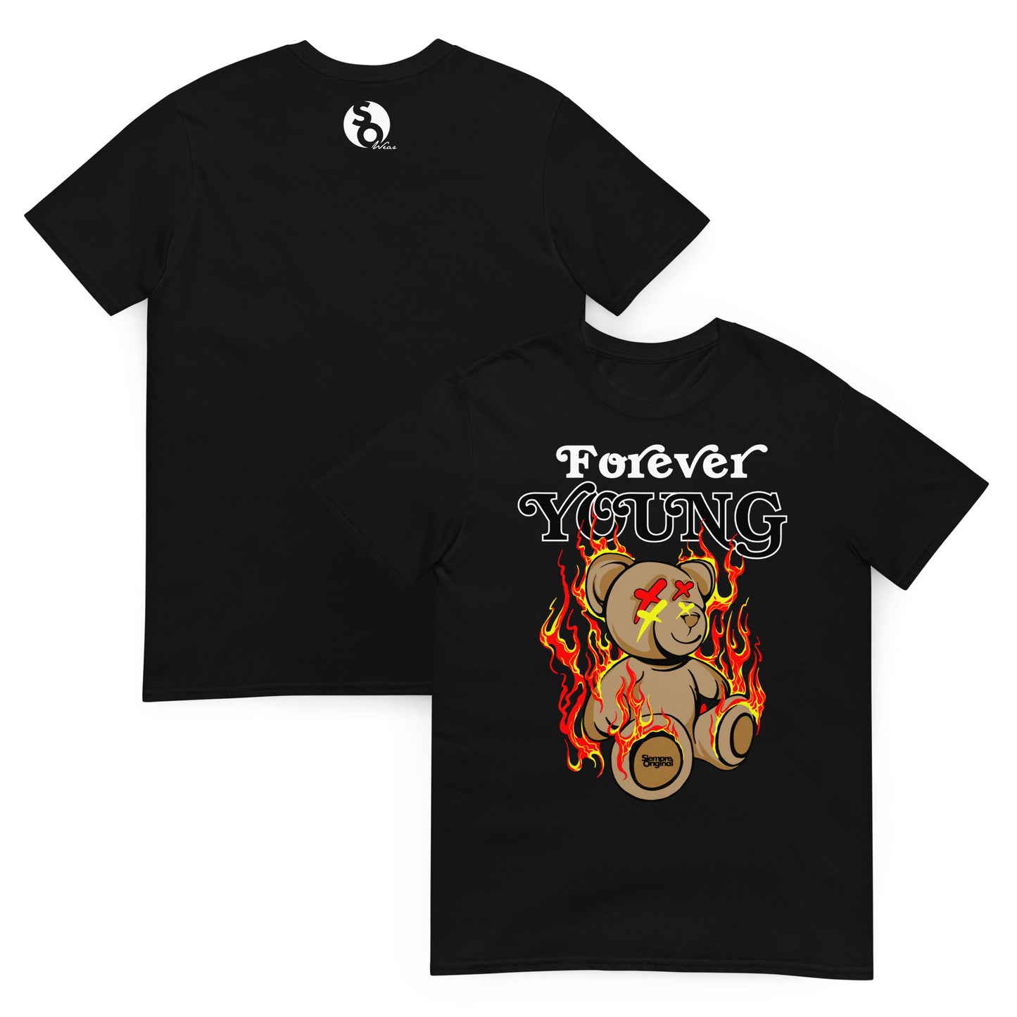 camiseta teddy bear forever young delante y detras negra