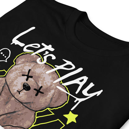 detalle de camiseta teddy bear lets play hard negra