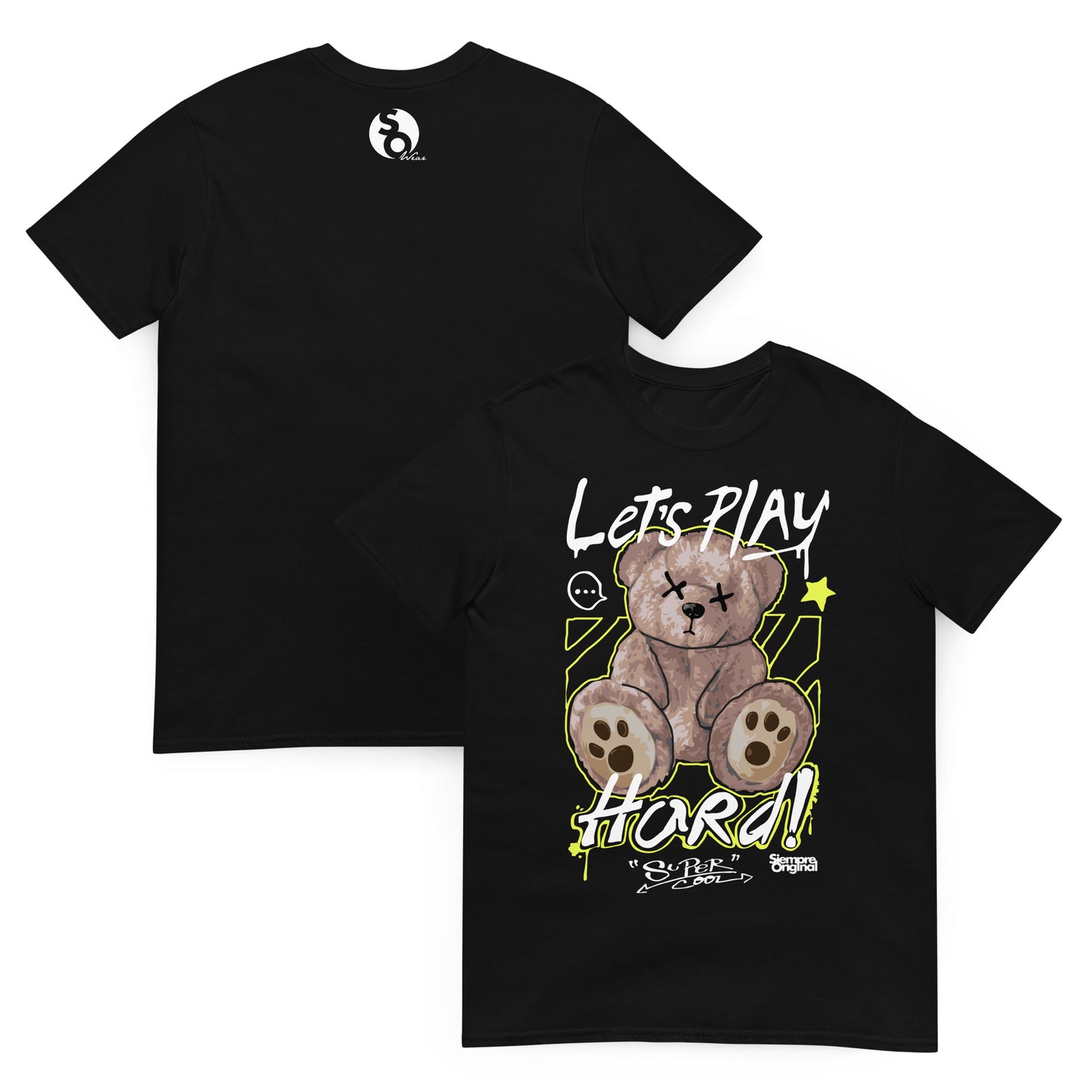 camiseta teddy bear lets play hard delante y detras negra