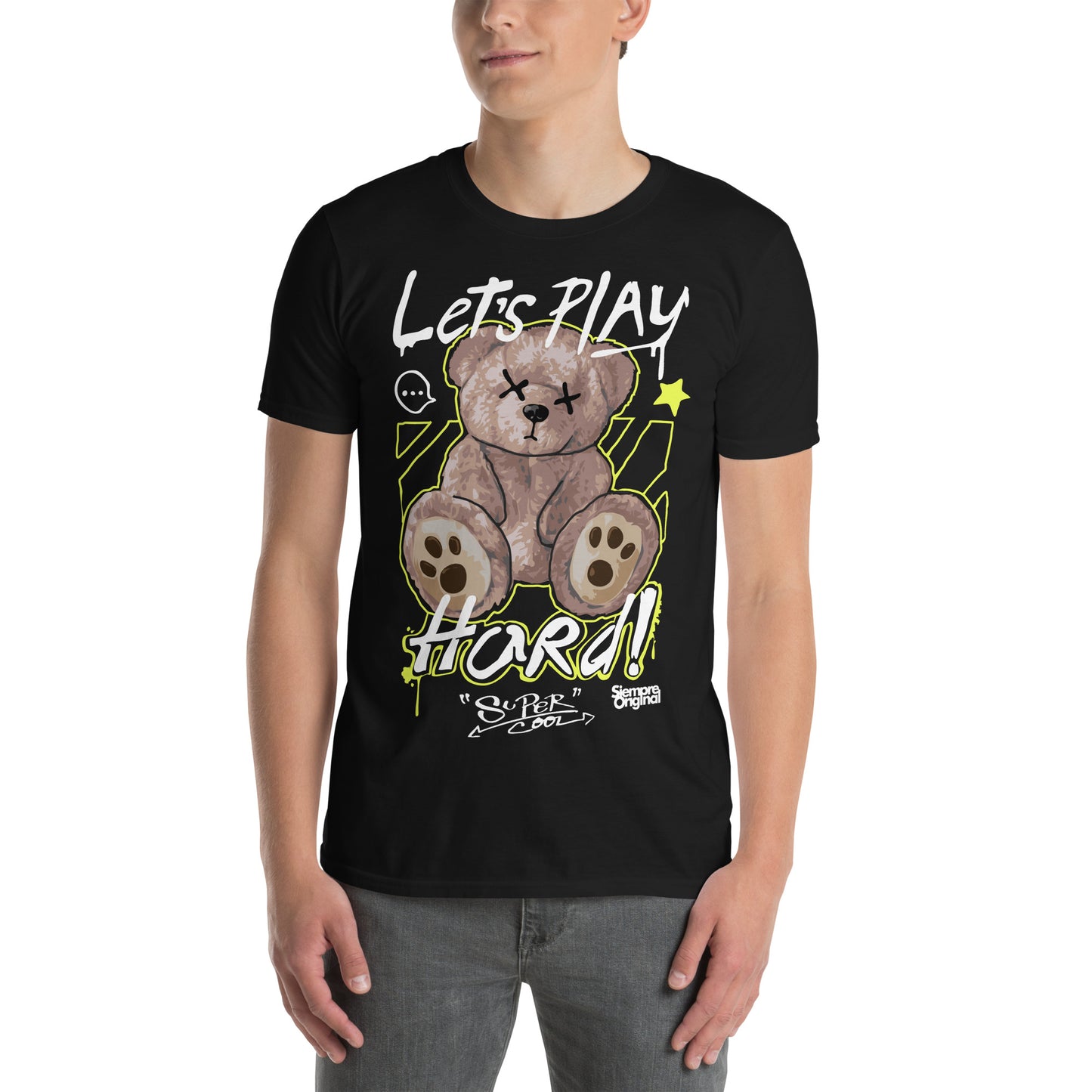 hombre con camiseta teddy bear lets play hard negra