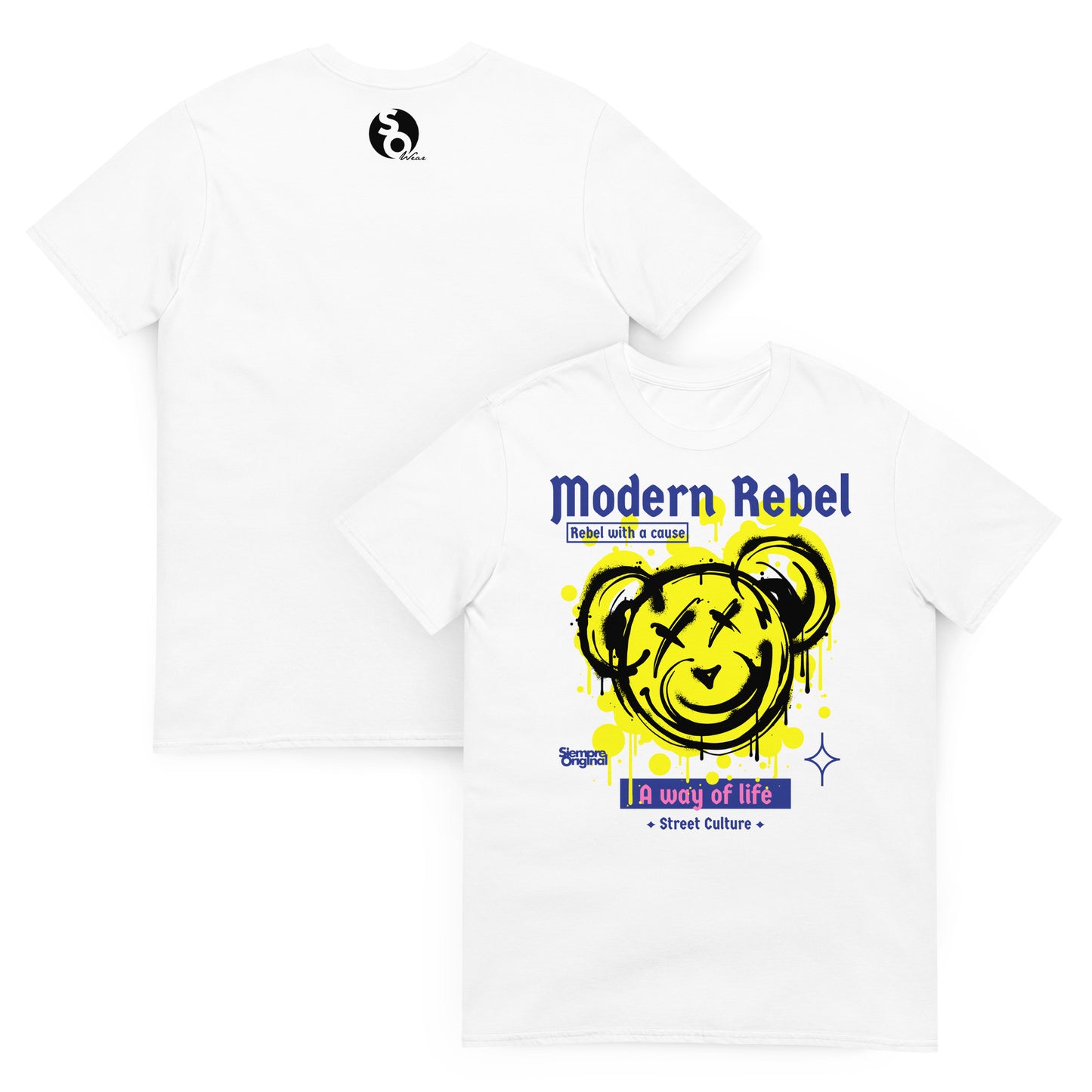 camiseta teddy bear modern rebel delante y detras blanca