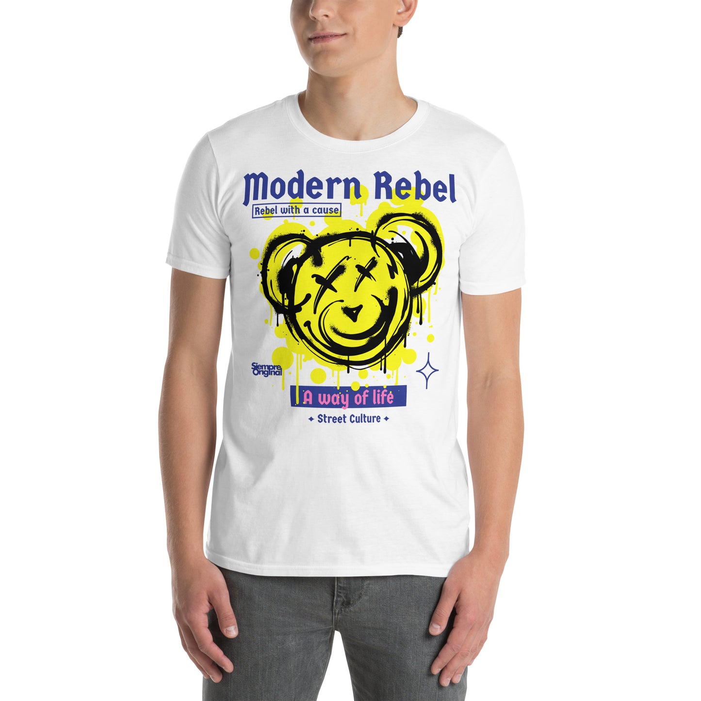 hombre con camiseta teddy bear modern rebel blanca