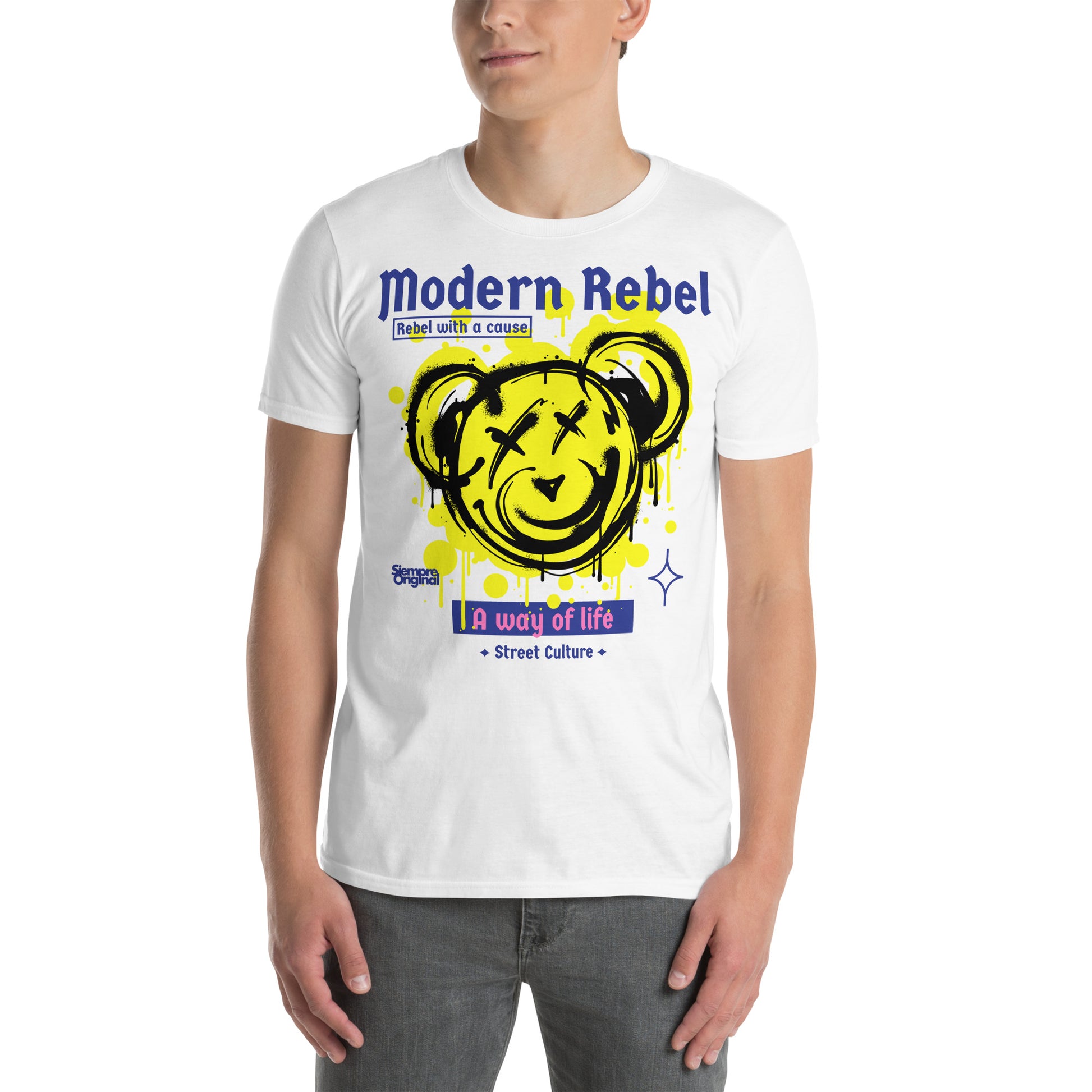 hombre con camiseta teddy bear modern rebel blanca