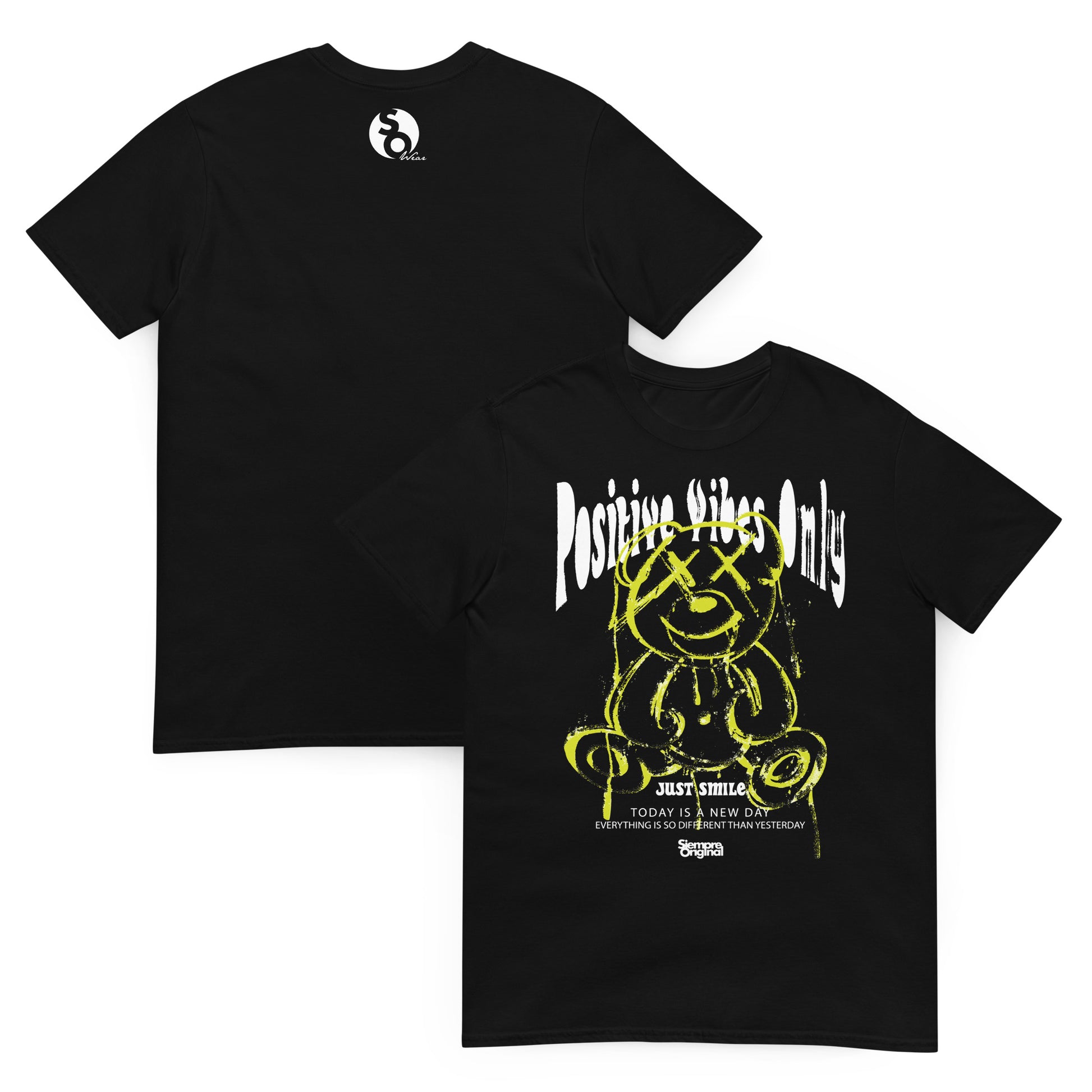 camiseta teddy bear positive vibes only delante y detras negra