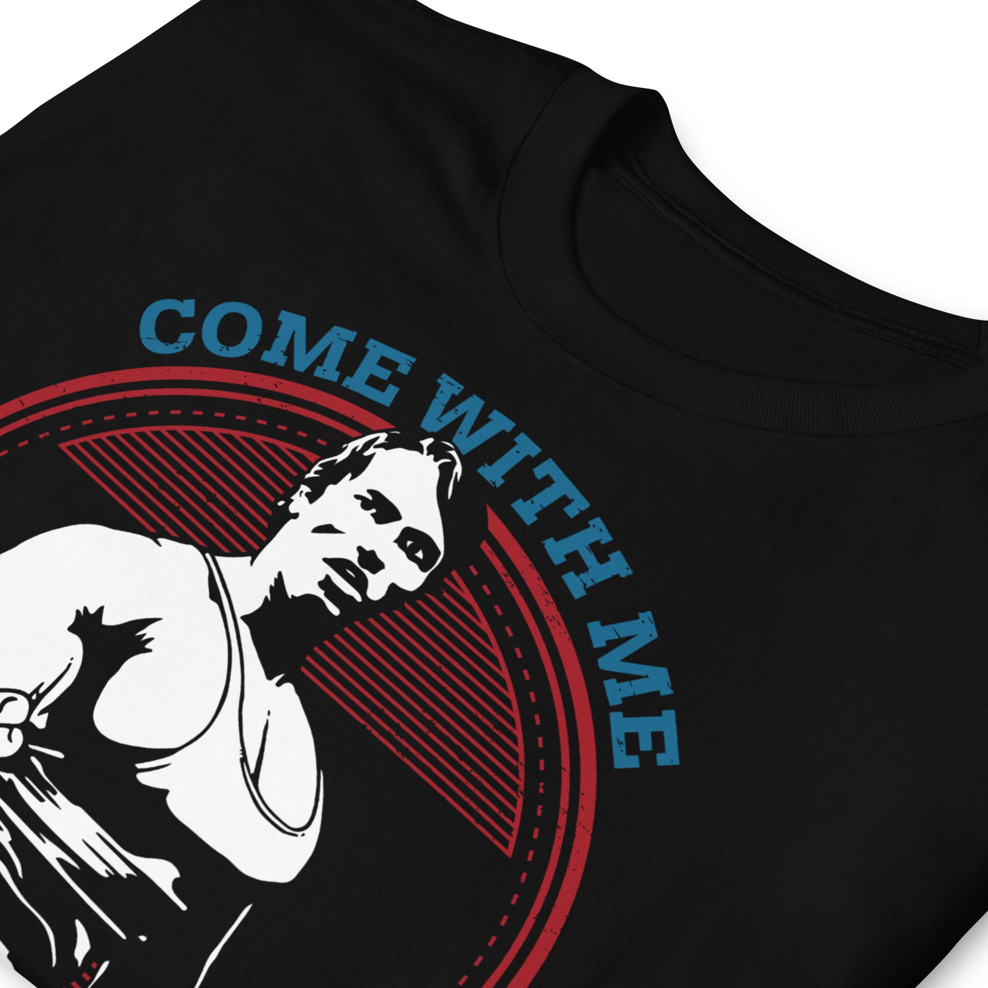 detalle de camiseta come with me if you want to lift arnold negra