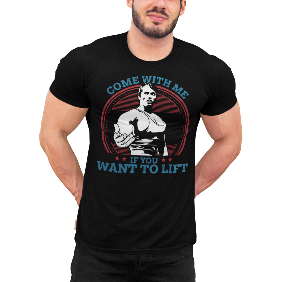hombre con camiseta come with me if you want to lift arnold negra