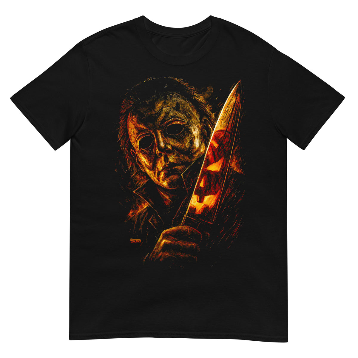 Camiseta negra inspirada en Michael Myers de Halloween con cuchillo