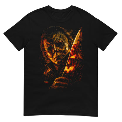 Camiseta negra inspirada en Michael Myers de Halloween con cuchillo
