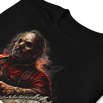 Detalle de camiseta negra inspirada en Leatherface y La Matanza de Texas con motosierra