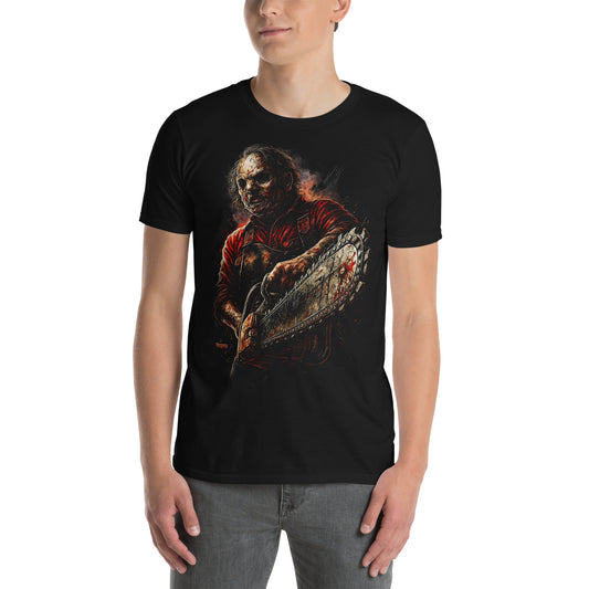 Hombre con camiseta negra inspirada en Leatherface y La Matanza de Texas con motosierra