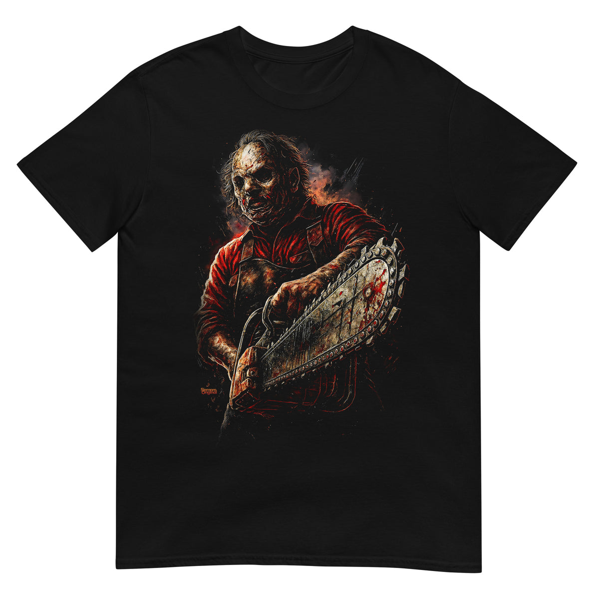 Camiseta negra inspirada en Leatherface y La Matanza de Texas con motosierra