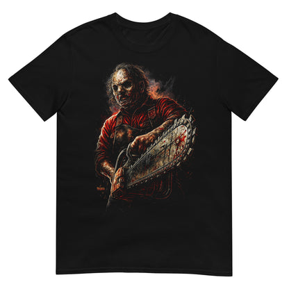 Camiseta negra inspirada en Leatherface y La Matanza de Texas con motosierra