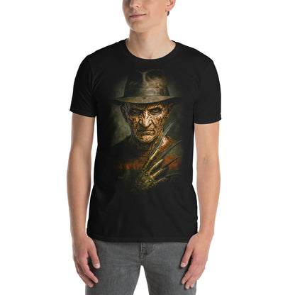 Hombre con camiseta negra inspirada en Freddy Krueger con retrato realista