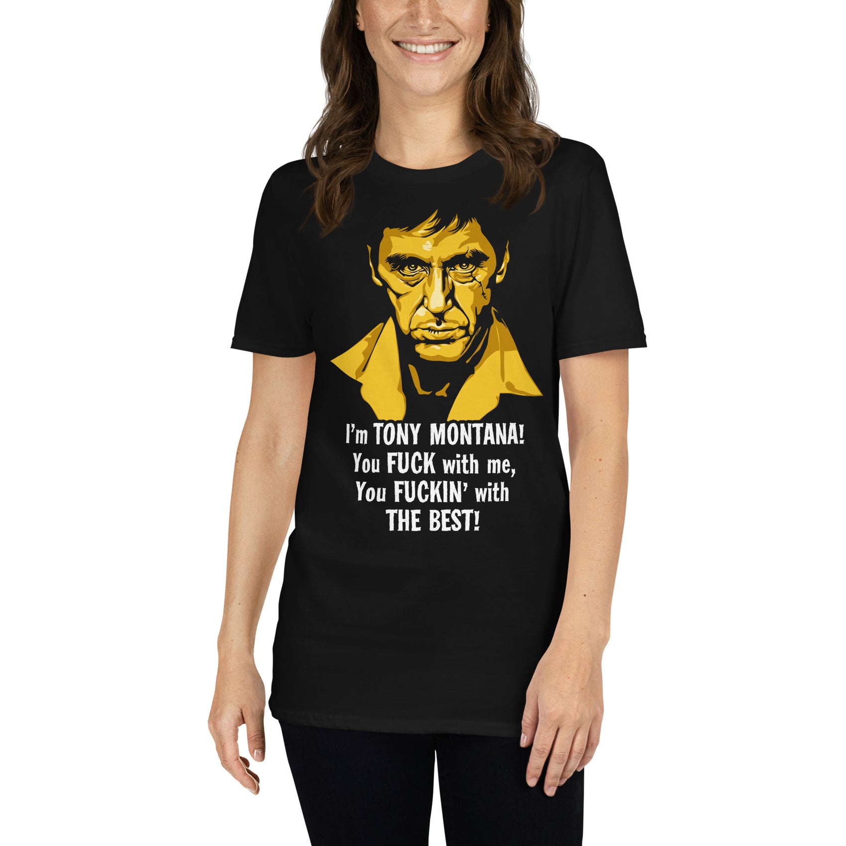 mujer con camiseta tony montana the best scarface negra
