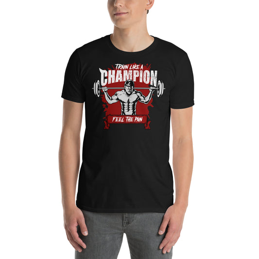 hombre con camiseta train like a champion gym gimnasio fitness en color negro