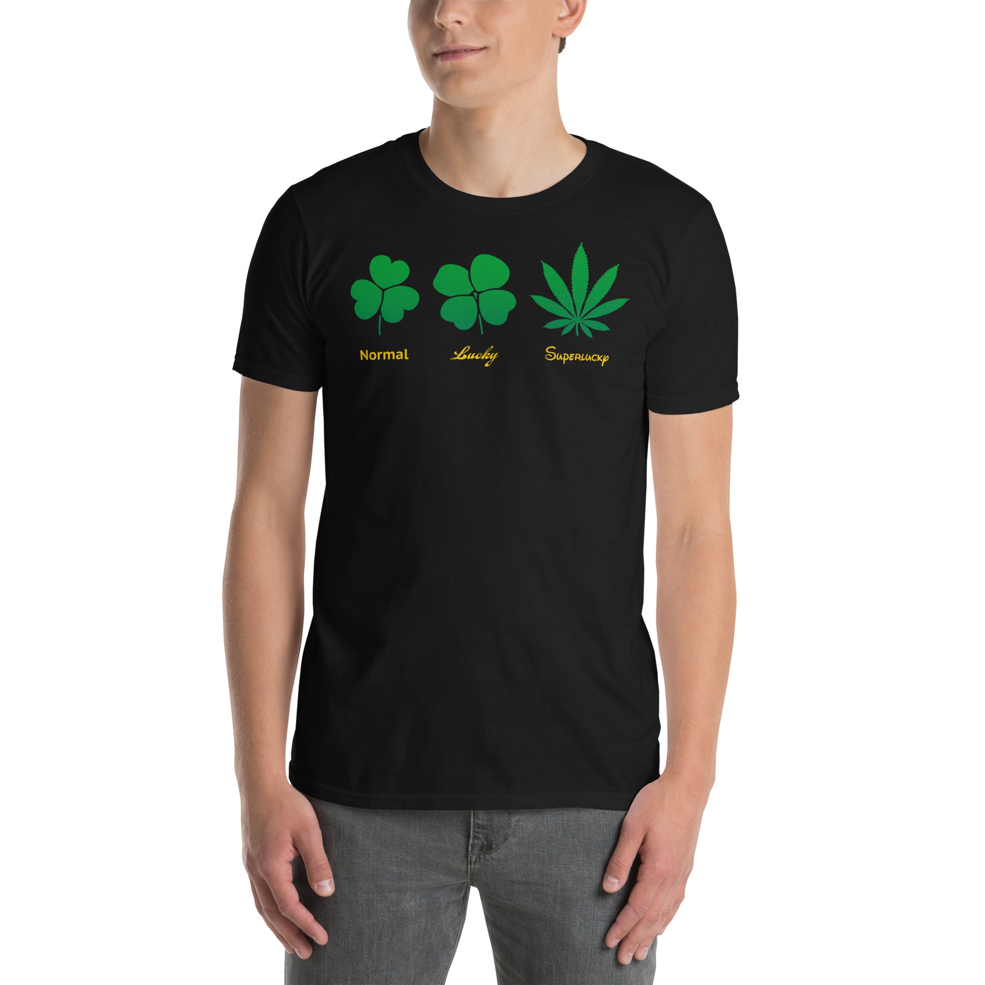 hombre con camiseta trebol suerte marihuana 420 negra