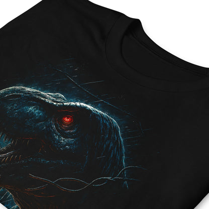 detalle de camiseta tiranosaurio rex trex jurassic park negra