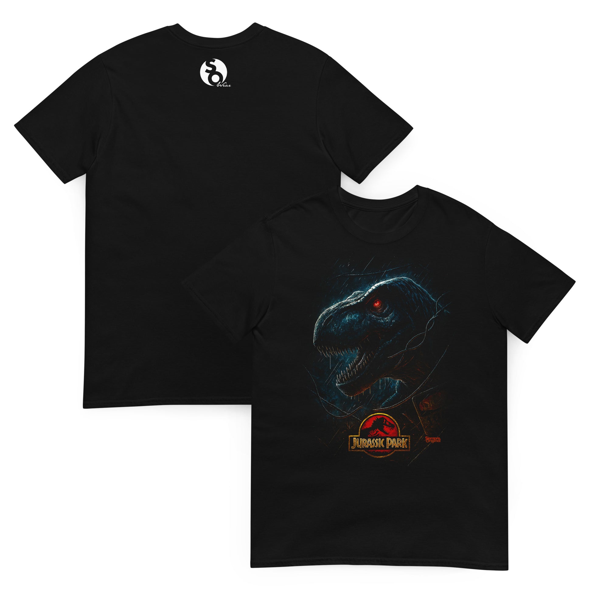 camiseta tiranosaurio rex trex jurassic park delante y detras negra
