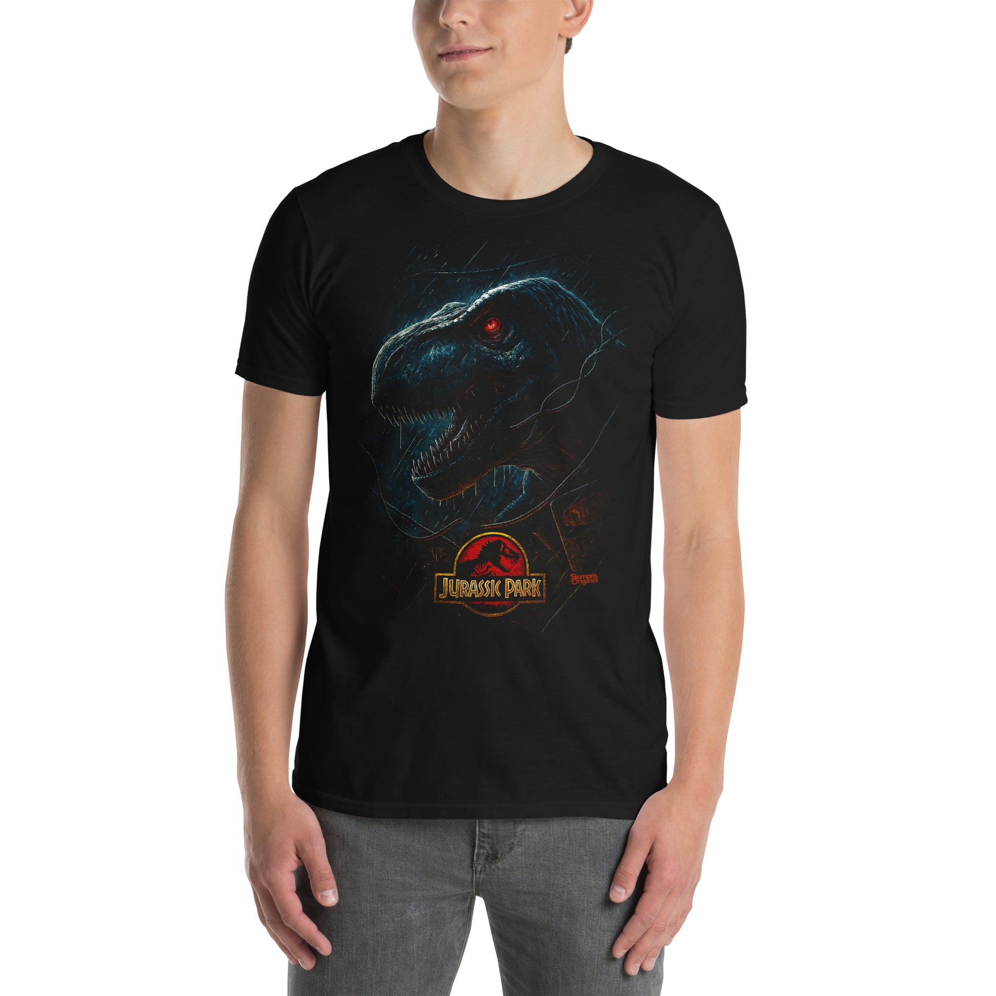 hombre con camiseta tiranosaurio rex trex jurassic park negra