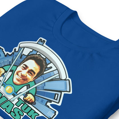 detalle de camiseta tuk tuk rivas amador la que se avecina en color azul royal
