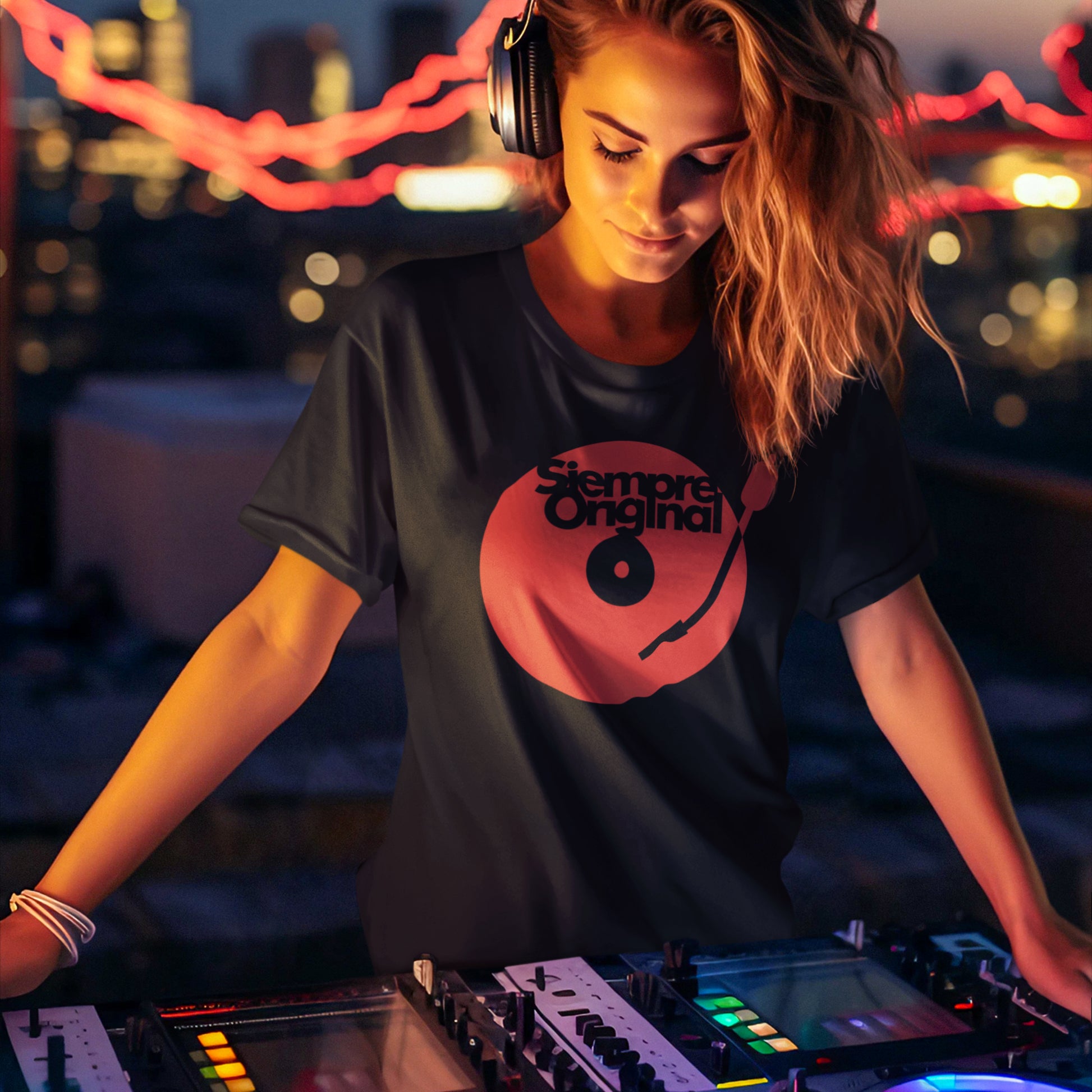 mujer con camiseta turntable plato dj disco vinilo siempre original en color negro