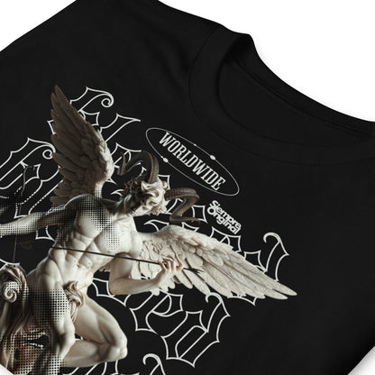 detalle de camiseta urbana angel blessed bendecido siempre original en color negro
