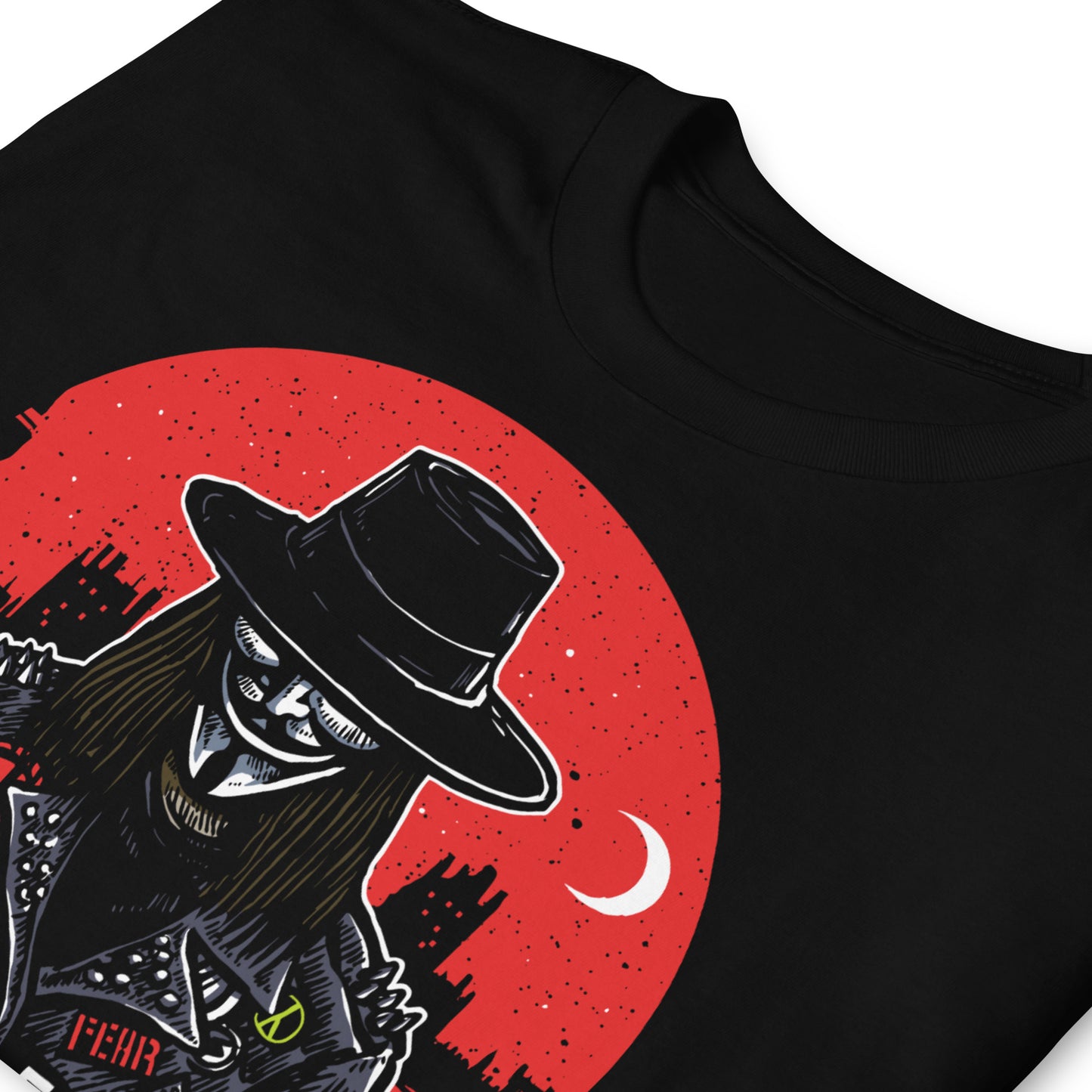 detalle de camiseta v de vendetta punk siempre original urban en color negro