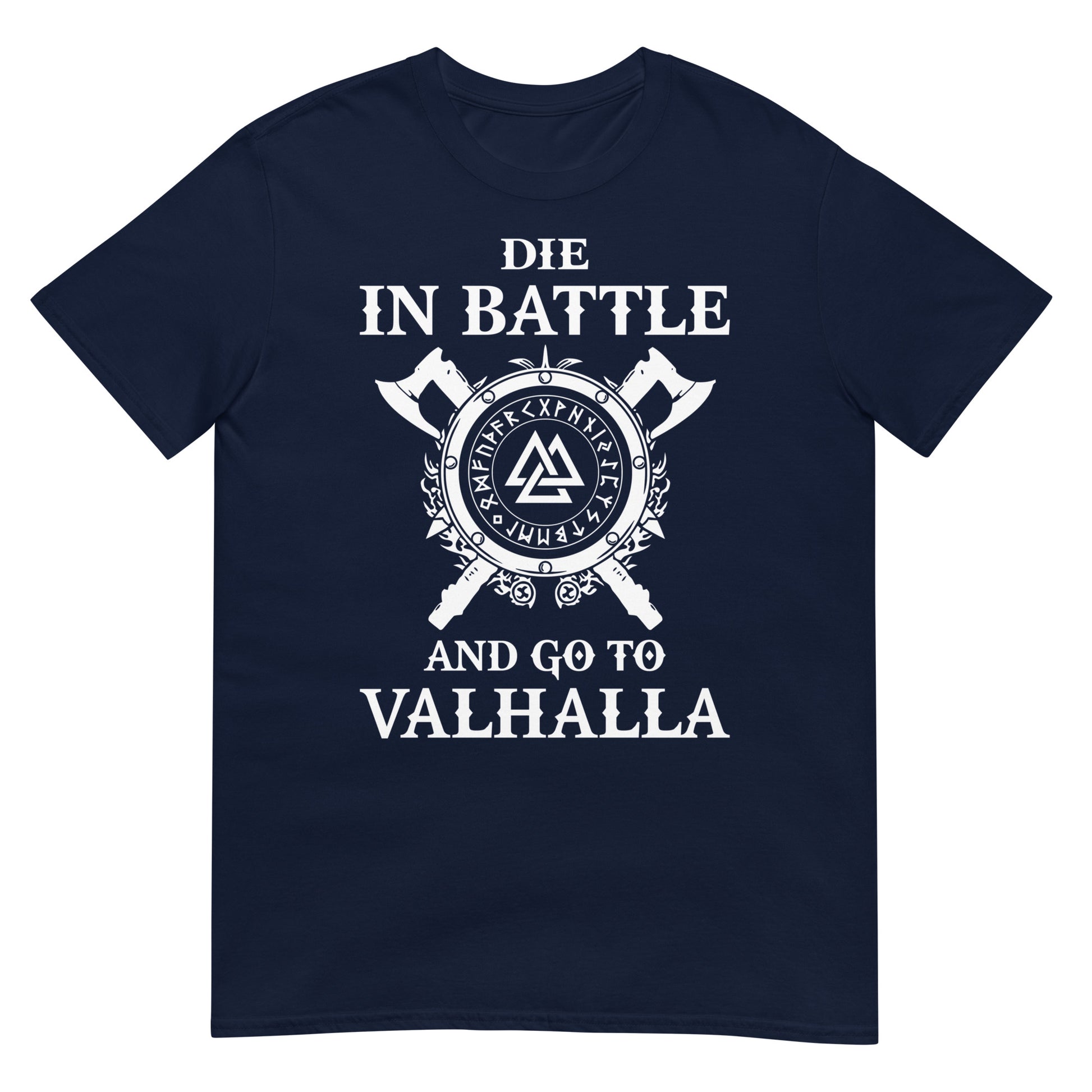 camiseta die in battle and go to valhalla vikingo azul marino