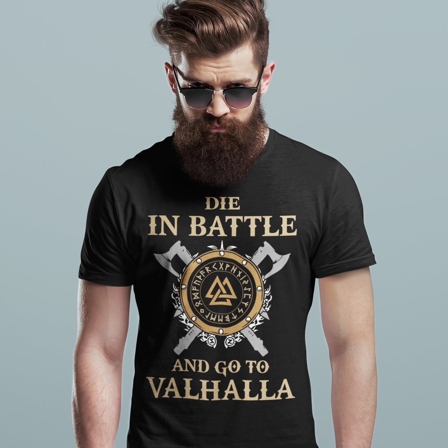 Hombre con camiseta vikinga negra Die in Battle and Go to Valhalla