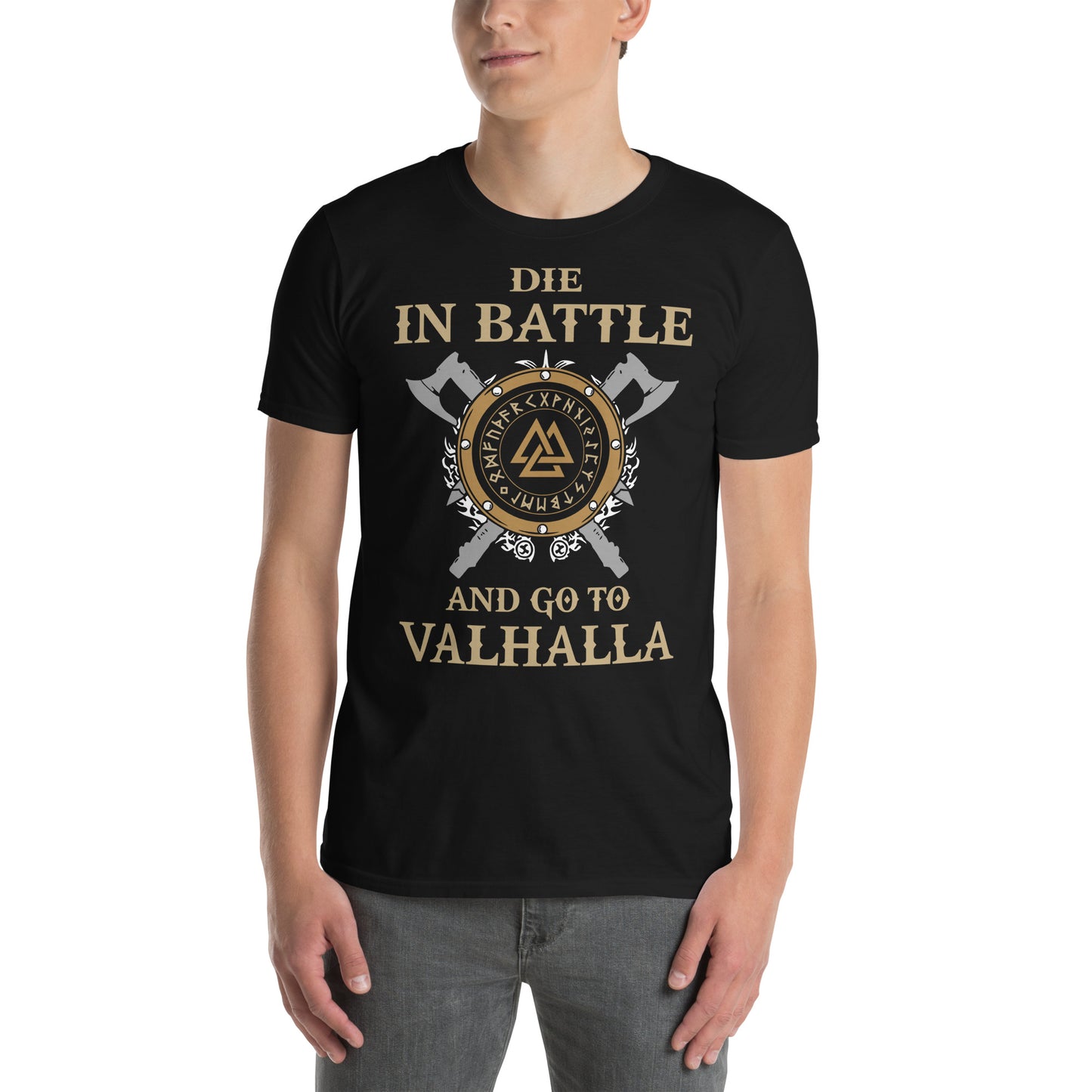 hombre con camiseta die in battle and go to valhalla vikingo negra