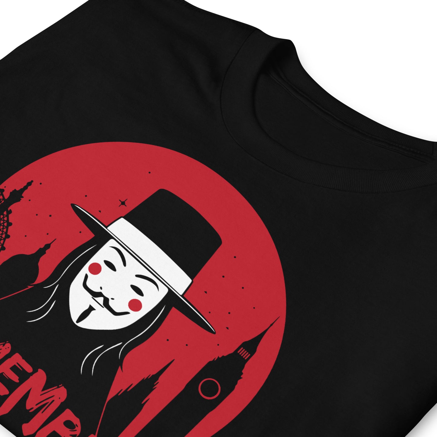 detalle de camiseta v de vendetta remember negra