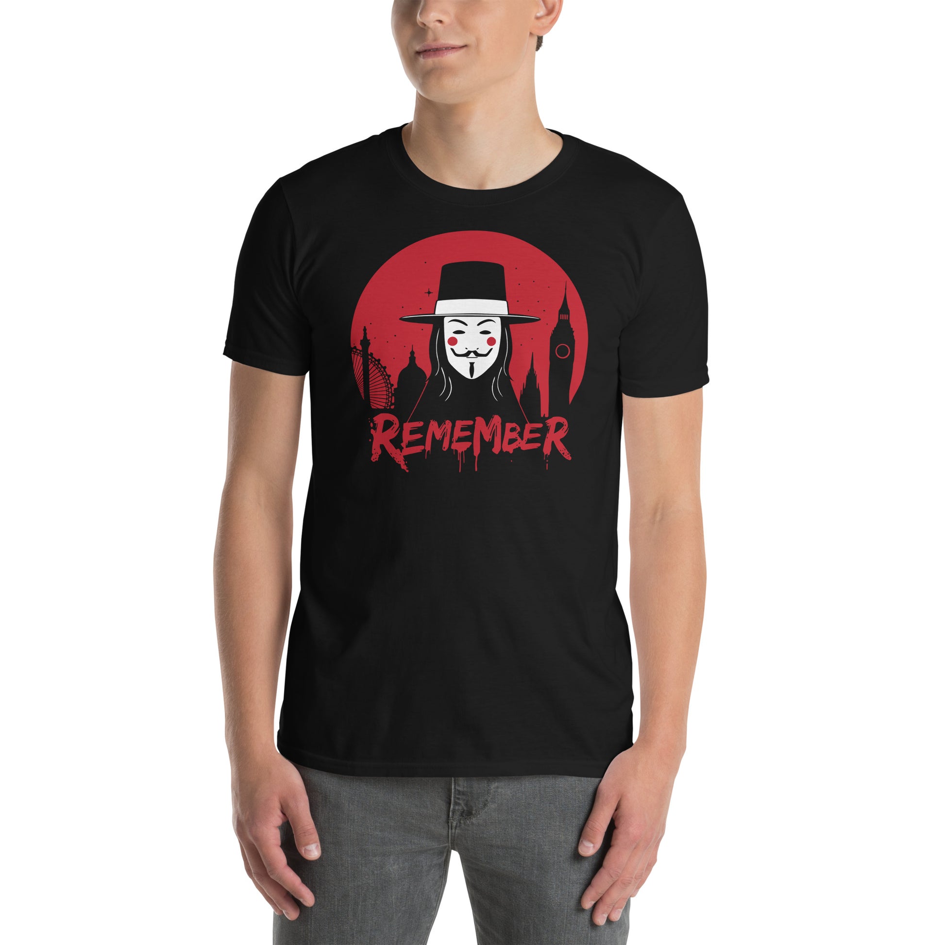hombre con camiseta v de vendetta remember negra