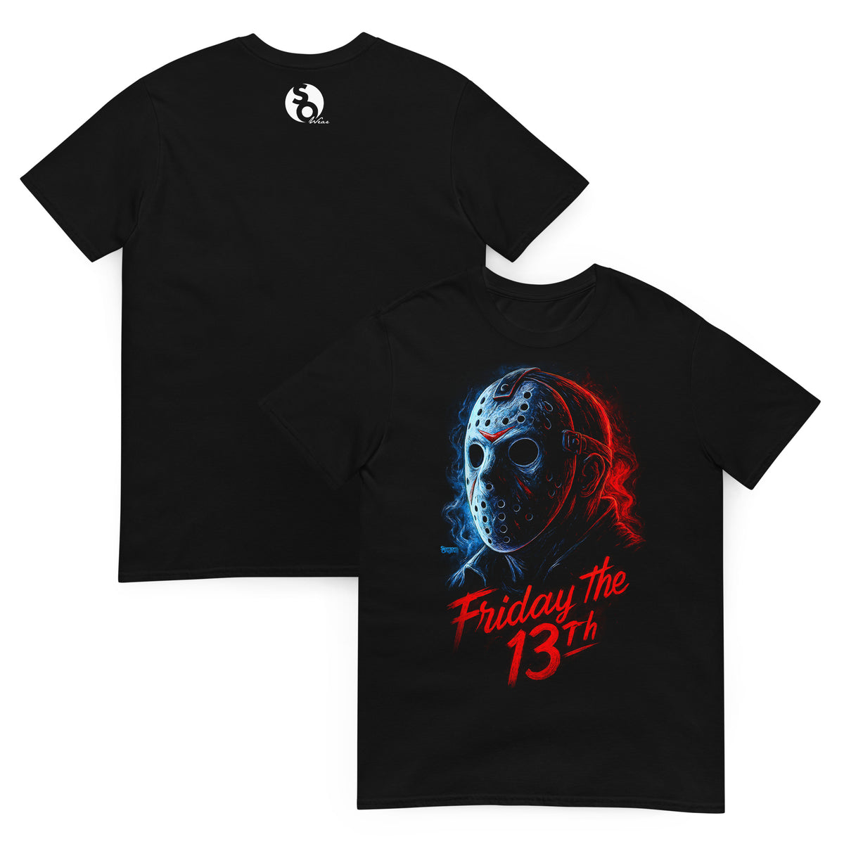 Camiseta negra inspirada en Jason de Viernes 13 con máscara de hockey delante y logo SO Wear detrás