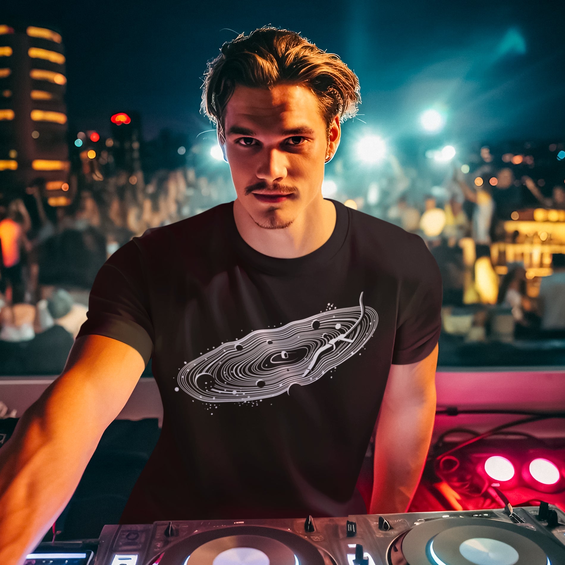 hombre con camiseta vinilo espacio dj negra