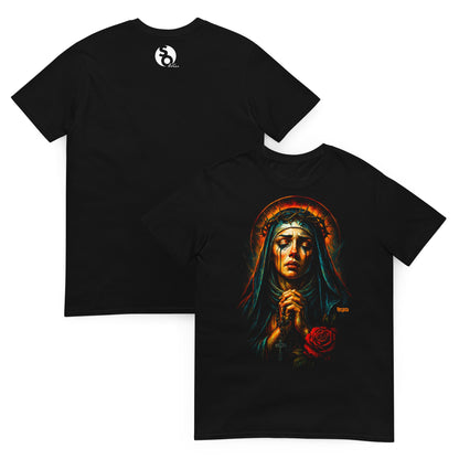 camiseta virgen maria corona de lagrimas delante y detras en color negro
