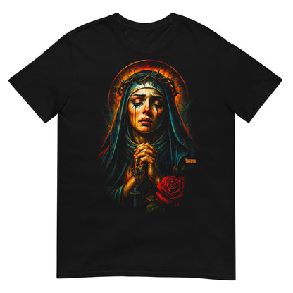 camiseta virgen maria corona de lagrimas en color negro